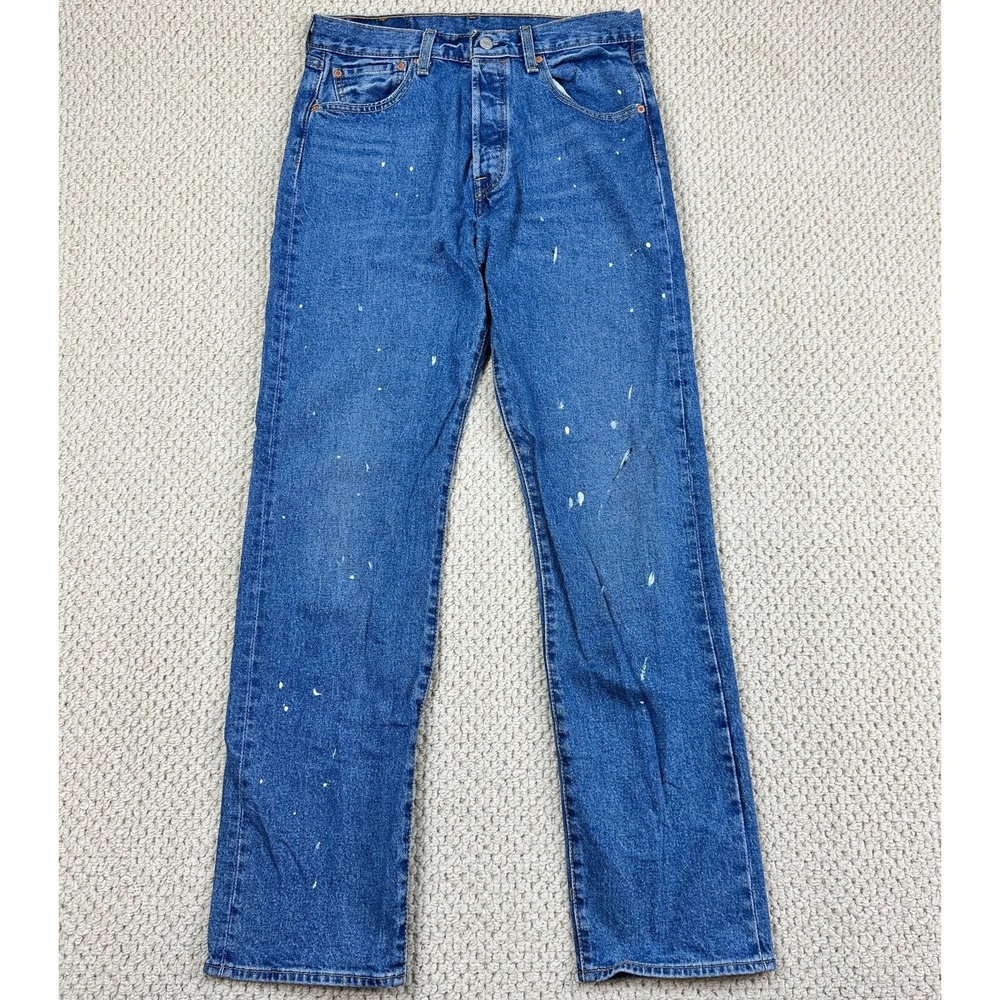 Levis 501 93' Jeans Mens 31x34 Blue Button Fly Straight Leg Denim Paint Splatter